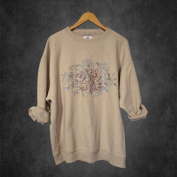 Vintage Tan Crewneck Sweater with Express Cottagecore Floral Graphic Design - Picture 2 of 8